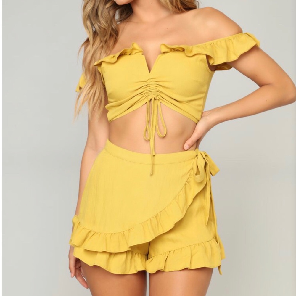 Mustard Yellow Ruffle Crop Top and Shorts Set